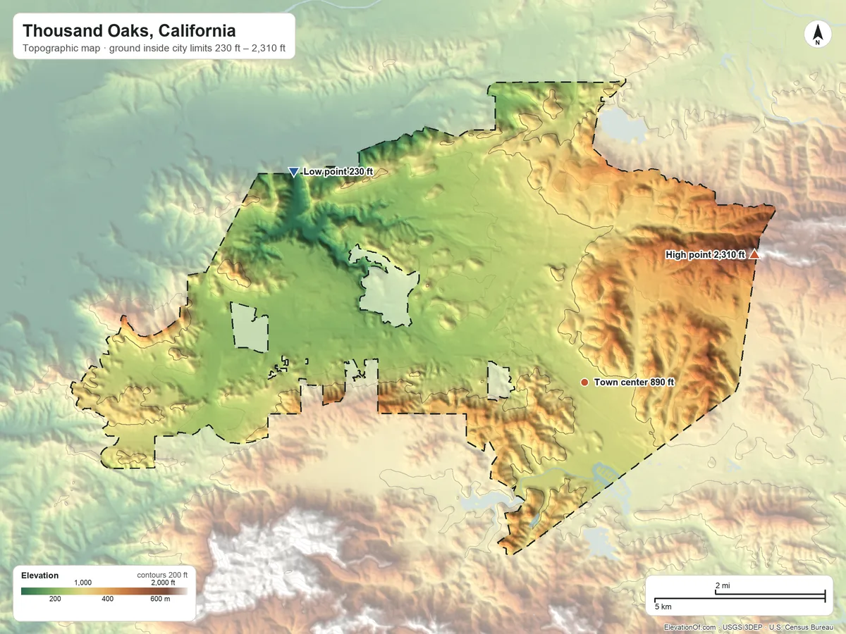 Topographic elevation map of Thousand Oaks, California, shaded from 230 ft on the northwest side to 2,310 ft on the northeast edge, below higher ground just outside