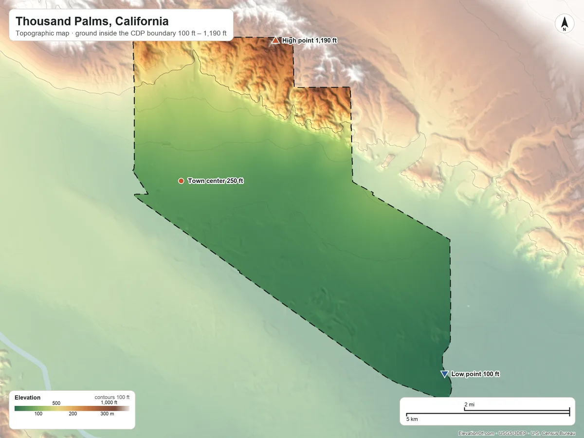 Topographic elevation map of Thousand Palms, California, shaded from 100 ft on the southeast side to 1,190 ft on the northeast side