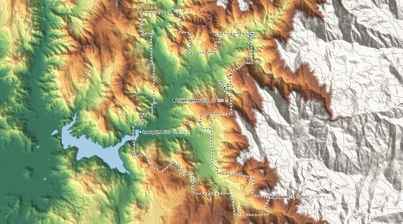 Topographic elevation map of Three Rivers, California, shaded from 680 ft on the southwest side to 3,750 ft on the southeast edge, below higher ground just outside