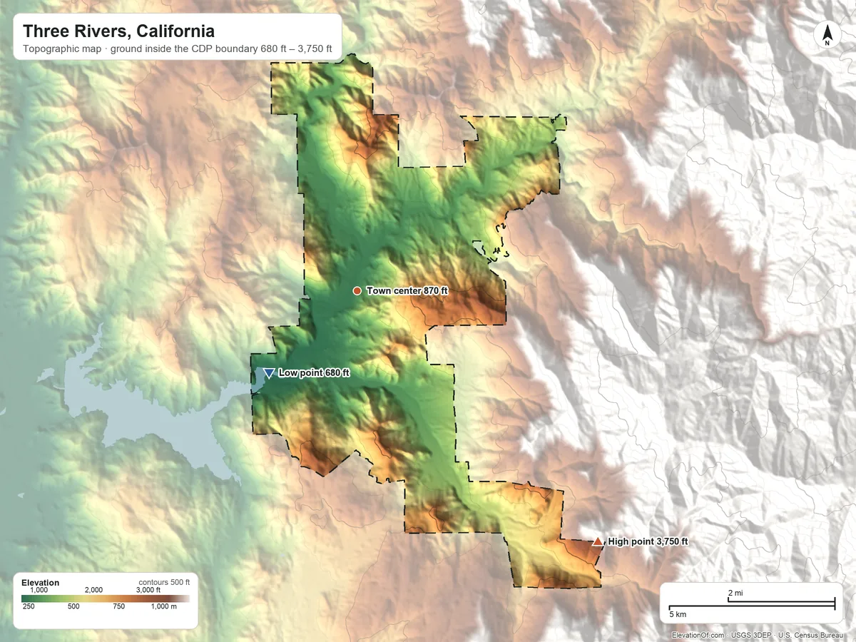 Topographic elevation map of Three Rivers, California, shaded from 680 ft on the southwest side to 3,750 ft on the southeast edge, below higher ground just outside