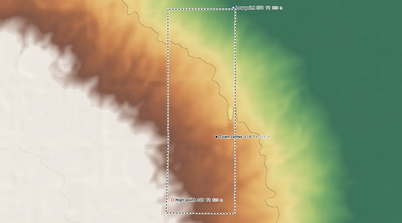Topographic elevation map of Three Rocks, California, shaded from 370 ft on the north side to 440 ft on the southwest side