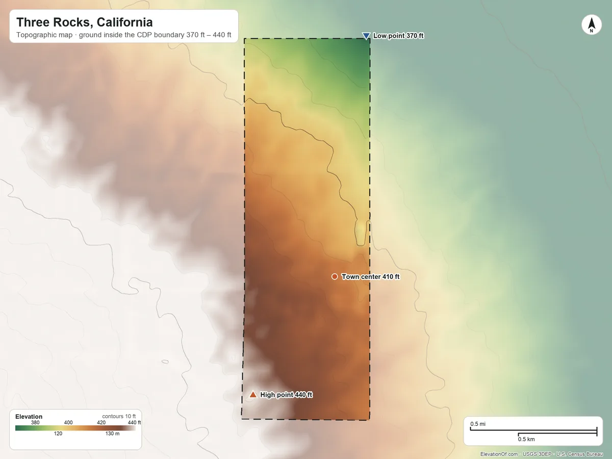 Topographic elevation map of Three Rocks, California, shaded from 370 ft on the north side to 440 ft on the southwest side