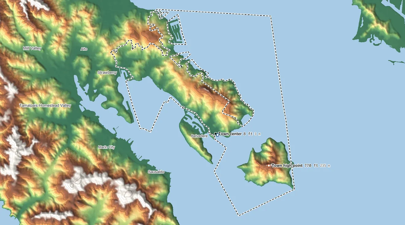 Topographic elevation map of Tiburon, California, shaded from sea level level on San Francisco Bay to 770 ft on Mount Caroline Livermore