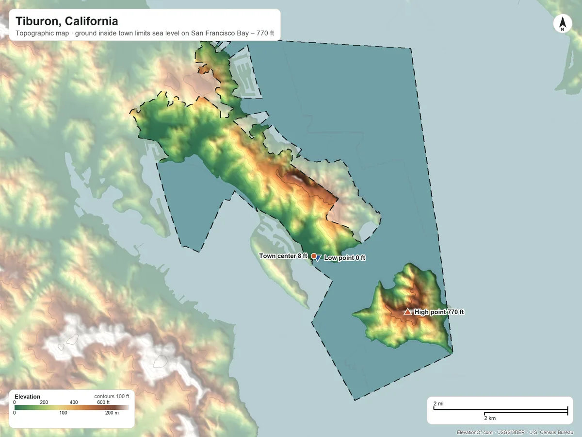 Topographic elevation map of Tiburon, California, shaded from sea level level on San Francisco Bay to 770 ft on Mount Caroline Livermore