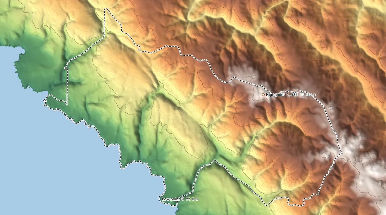Topographic elevation map of Timber Cove, California, shaded from sea level level on the Pacific Ocean to 1,580 ft on the east side