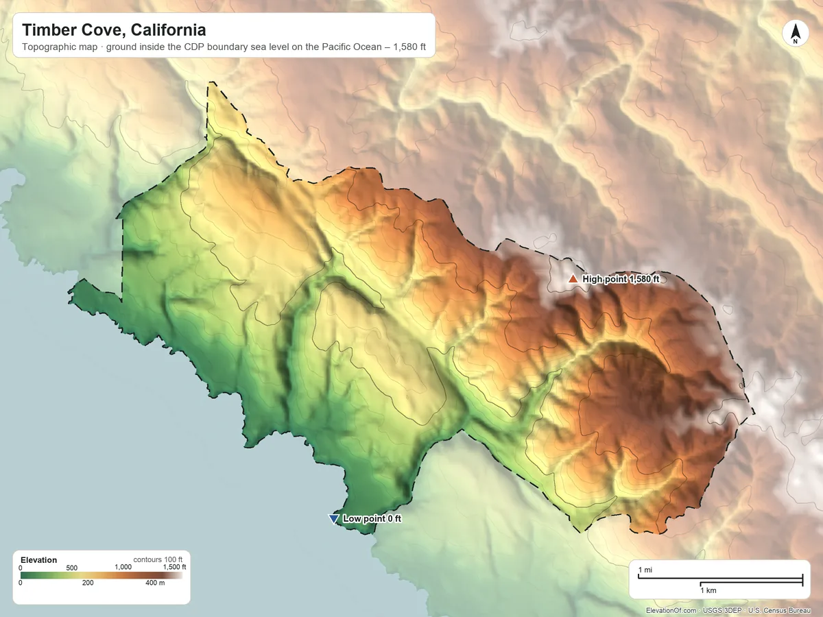 Topographic elevation map of Timber Cove, California, shaded from sea level level on the Pacific Ocean to 1,580 ft on the east side