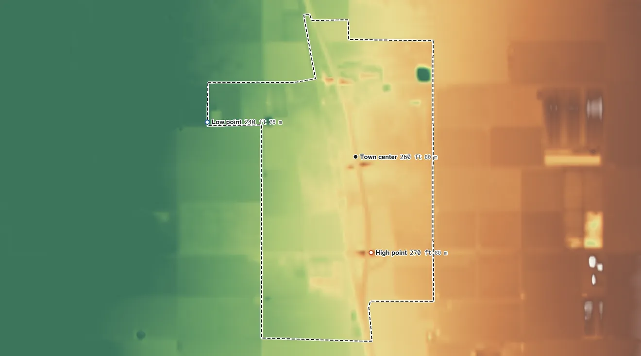 Topographic elevation map of Tipton, California, shaded from 240 ft on the west side to 270 ft on the south side