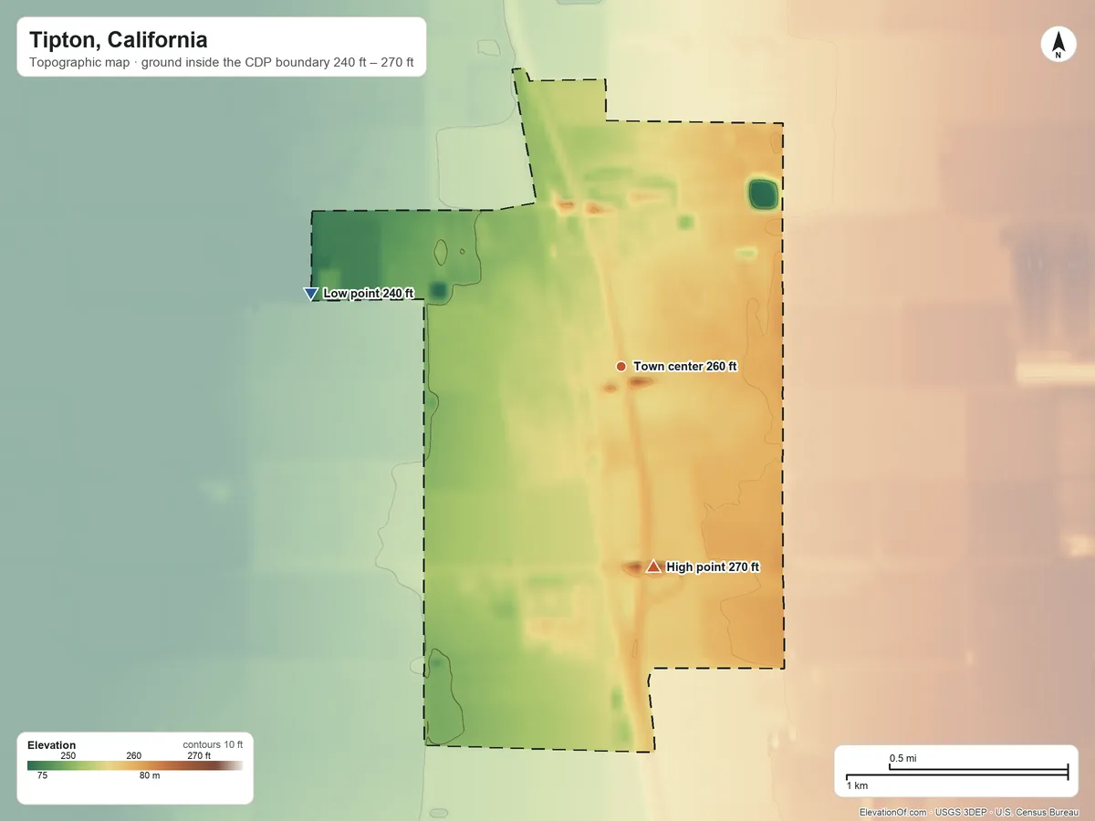 Topographic elevation map of Tipton, California, shaded from 240 ft on the west side to 270 ft on the south side