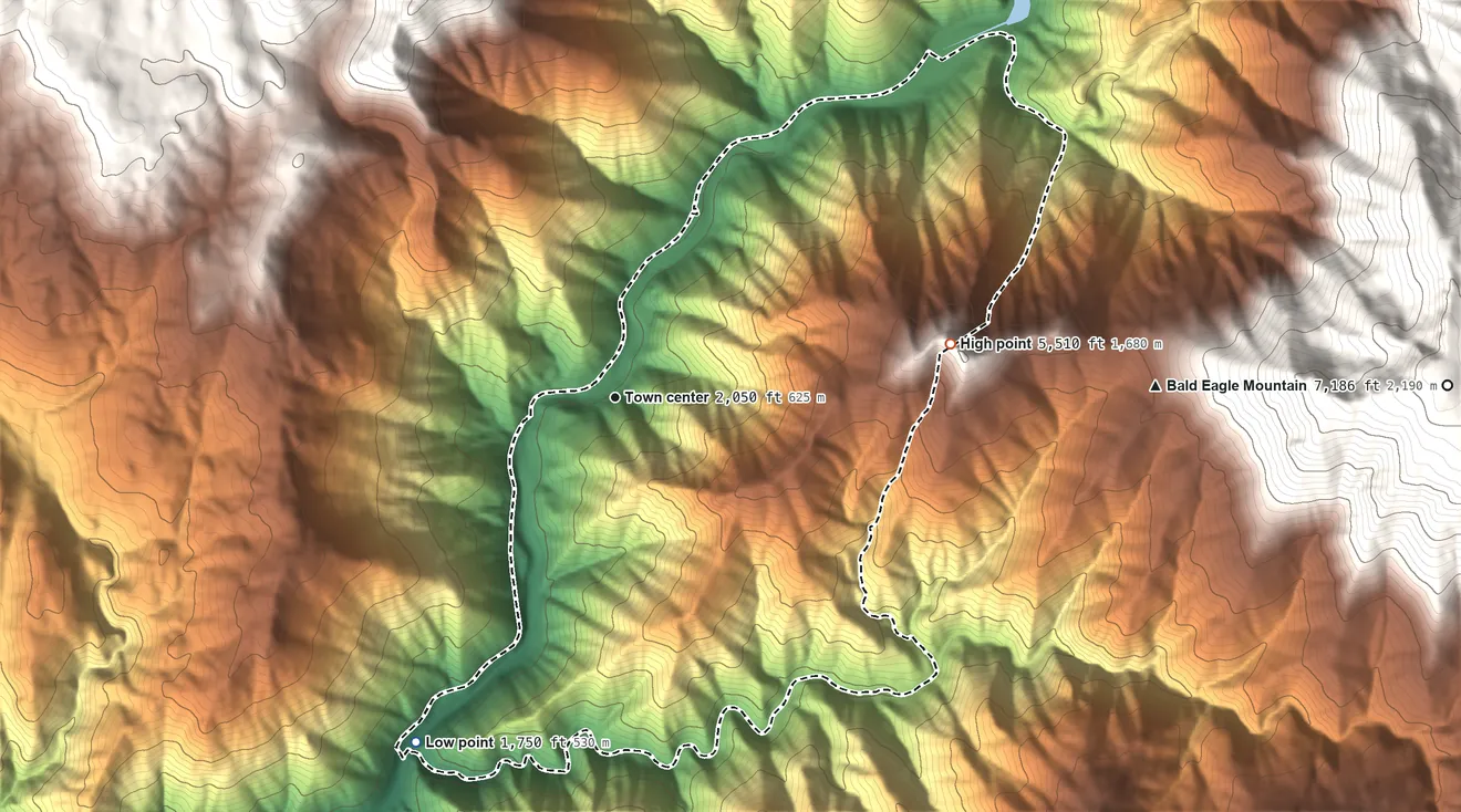 Topographic elevation map of Tobin, California, shaded from 1,750 ft on the southwest side to 5,510 ft on the east edge, below higher ground just outside
