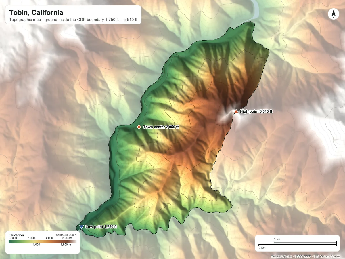 Topographic elevation map of Tobin, California, shaded from 1,750 ft on the southwest side to 5,510 ft on the east edge, below higher ground just outside