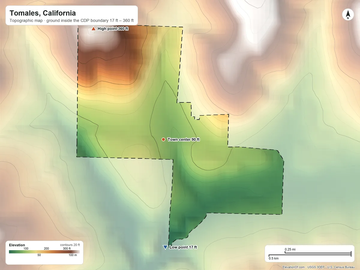 Topographic elevation map of Tomales, California, shaded from 17 ft on the south side to 360 ft on the northwest side