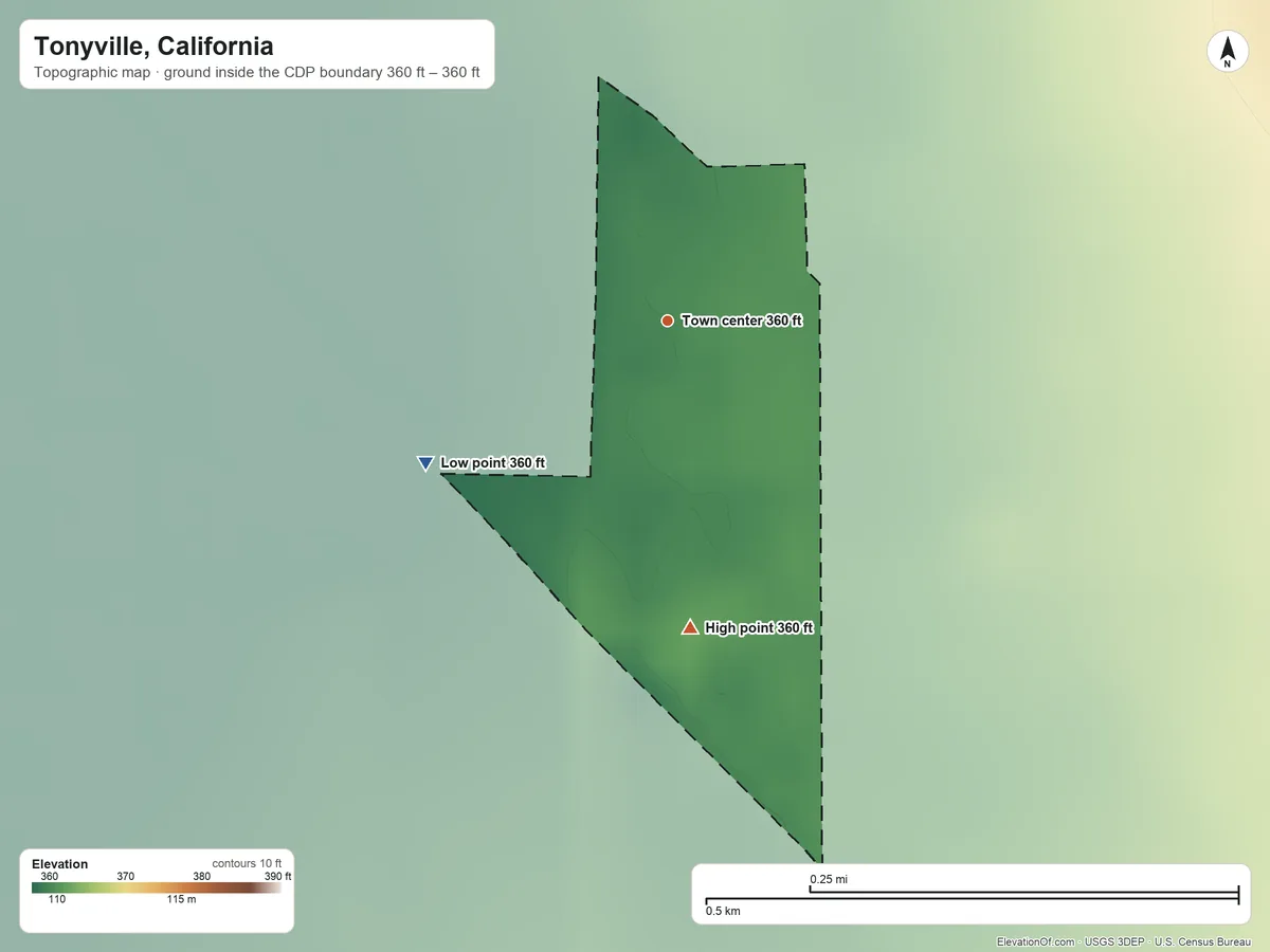 Topographic elevation map of Tonyville, California, shaded from 360 ft on the southwest side to 360 ft at the foot of the Venice Hills