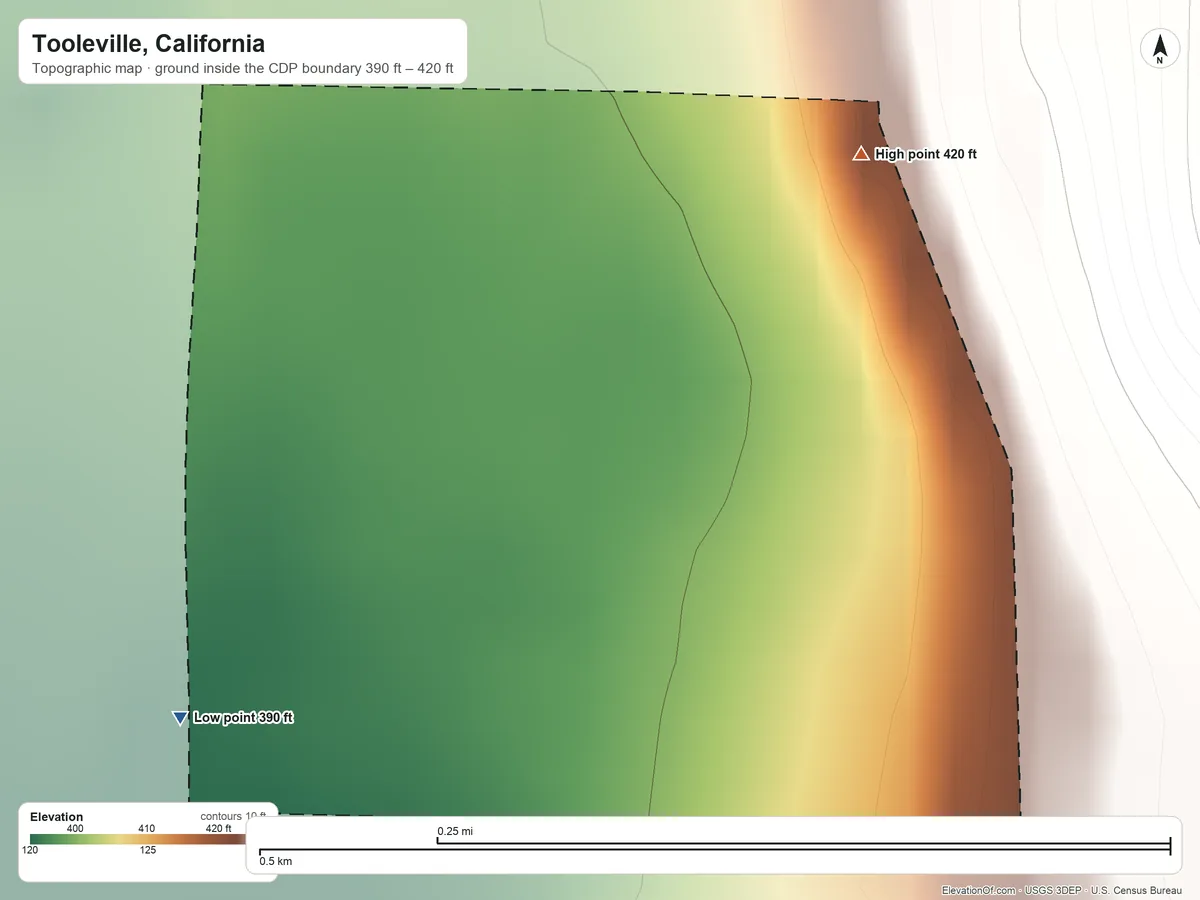 Topographic elevation map of Tooleville, California, shaded from 390 ft on the west side to 420 ft at the foot of the Venice Hills