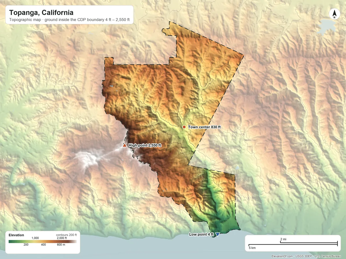 Topographic elevation map of Topanga, California, shaded from 4 ft on the south side to 2,550 ft on the west side