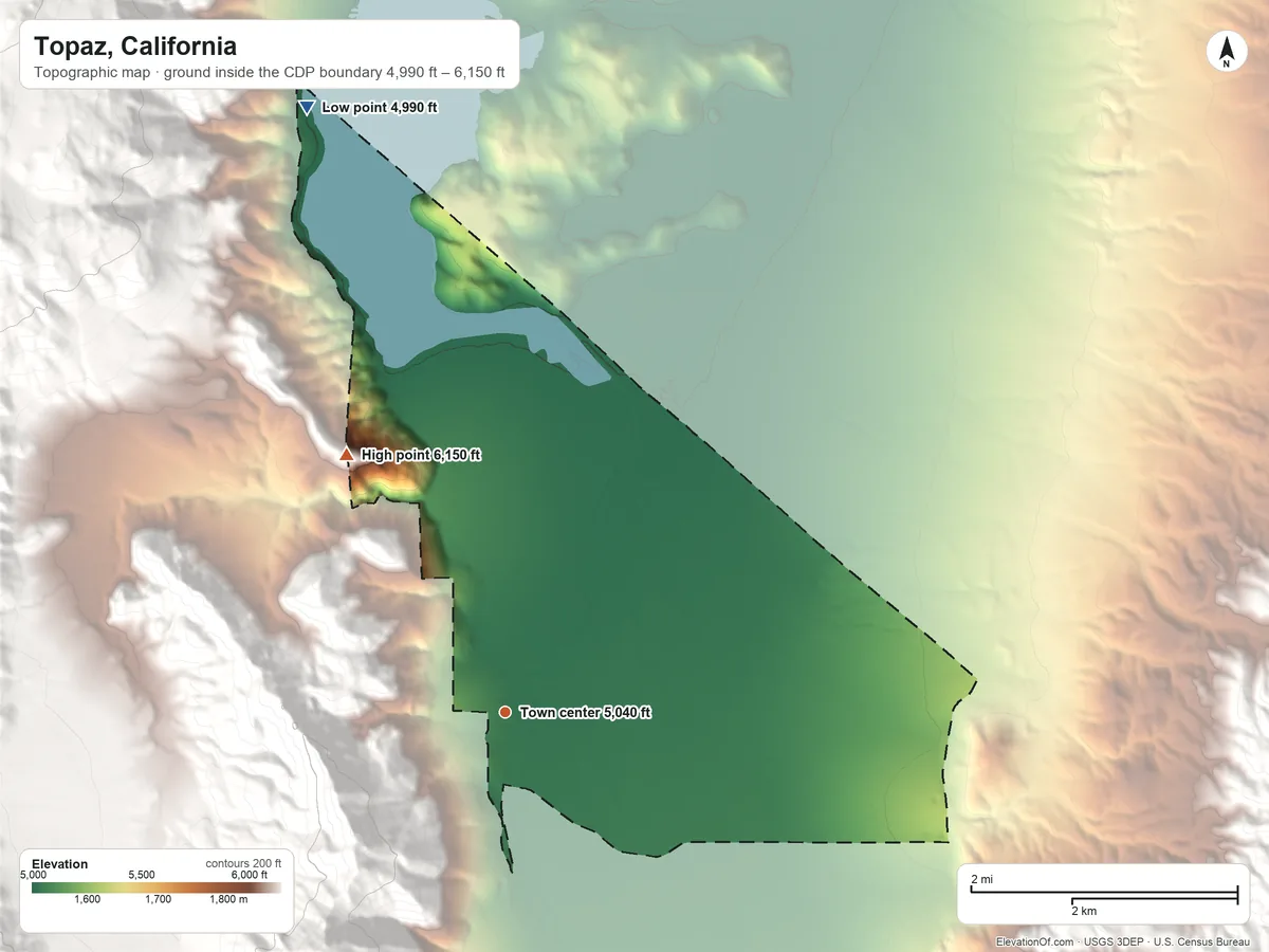 Topographic elevation map of Topaz, California, shaded from 4,990 ft on the north side to 6,150 ft on the northwest edge, below higher ground just outside