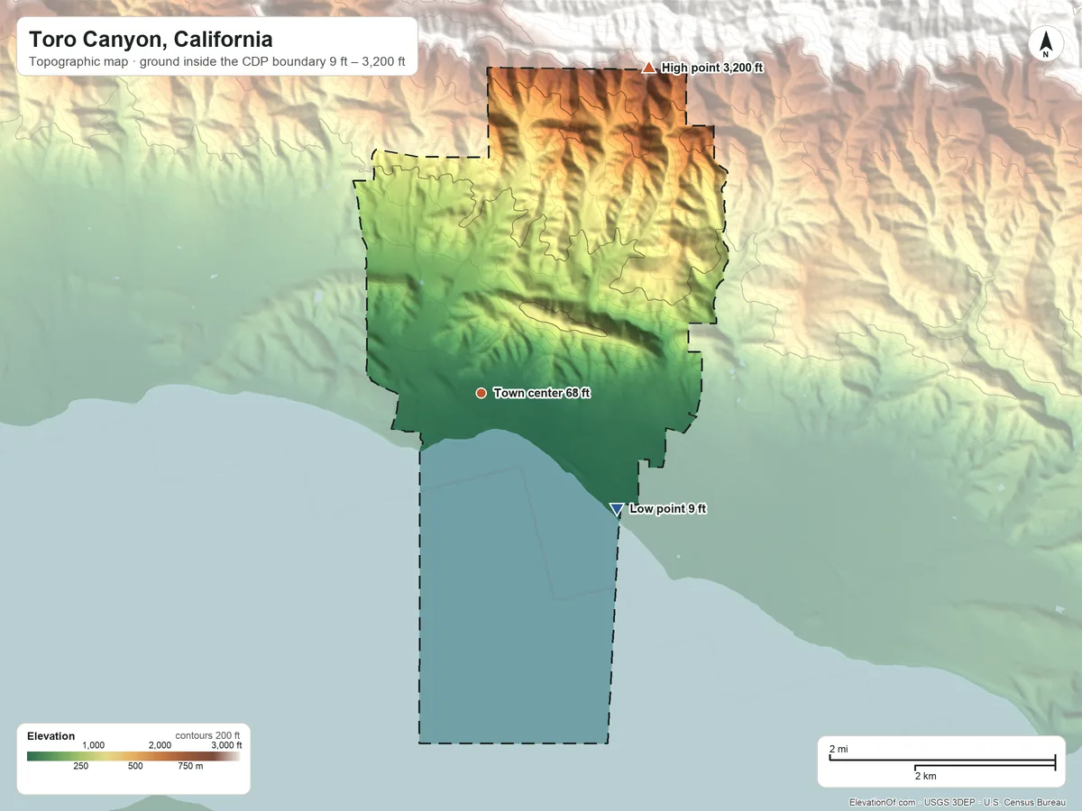 Topographic elevation map of Toro Canyon, California, shaded from 9 ft on the southeast side to 3,200 ft at the foot of the Santa Ynez Mountains