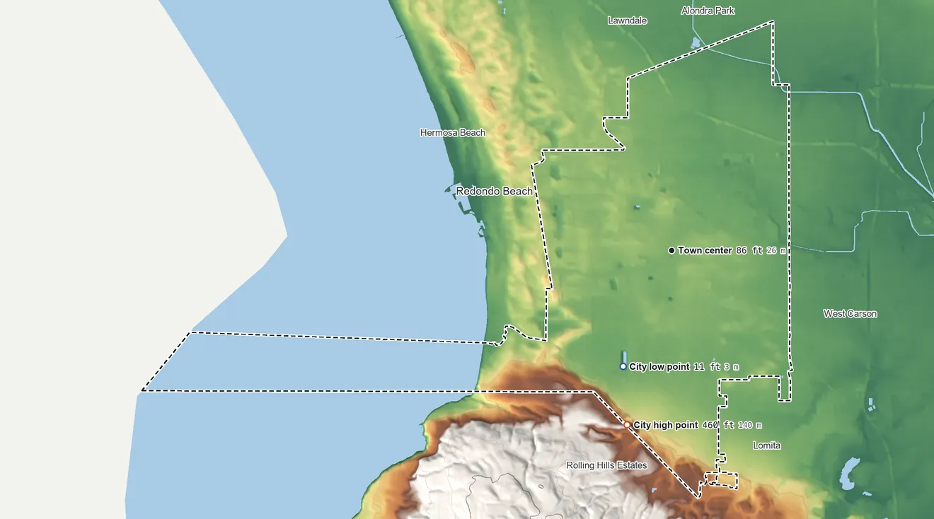 Topographic elevation map of Torrance, California, shaded from 11 ft on the southwest side to 460 ft at the foot of the Palos Verdes Hills