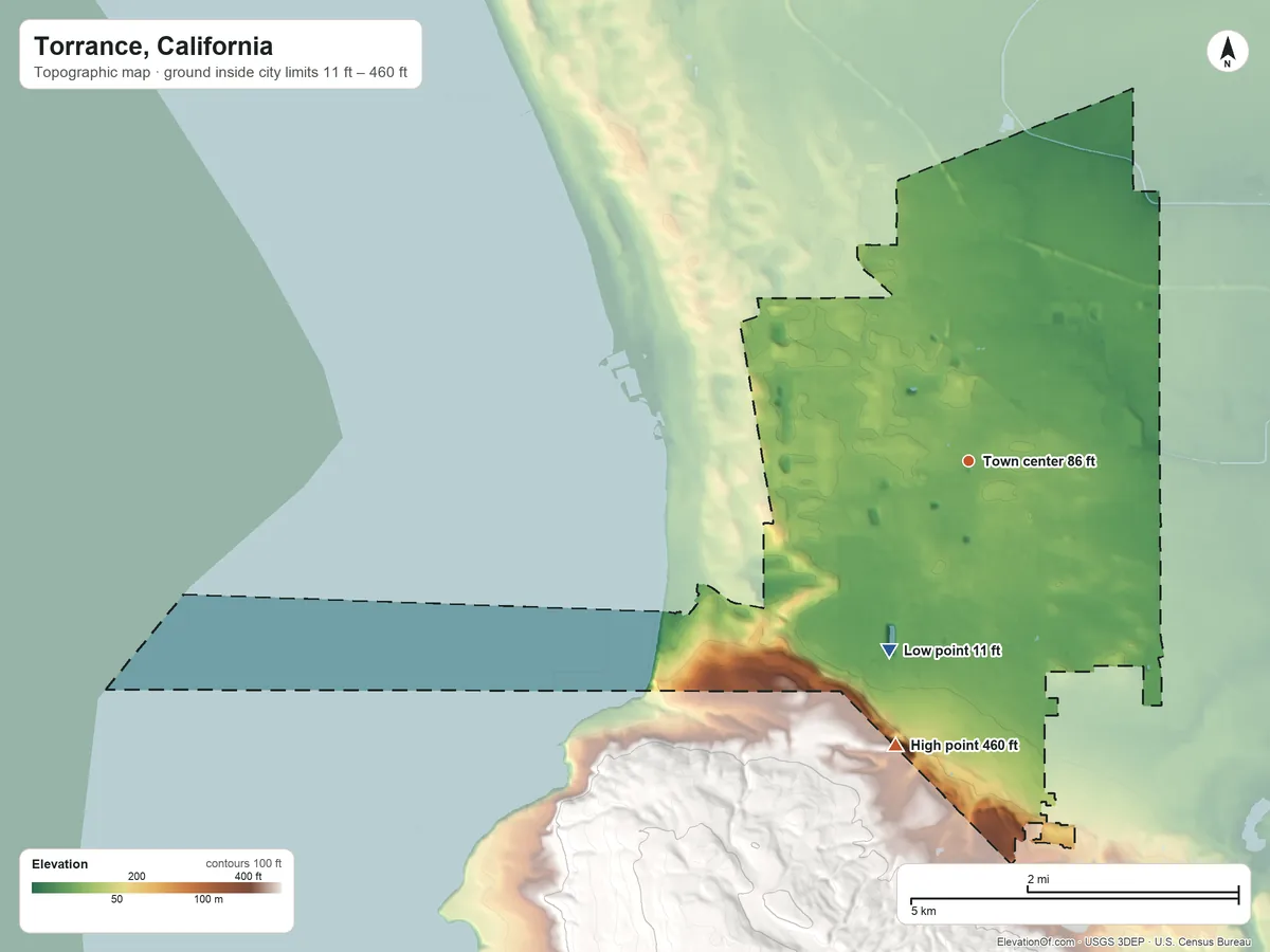 Topographic elevation map of Torrance, California, shaded from 11 ft on the southwest side to 460 ft at the foot of the Palos Verdes Hills