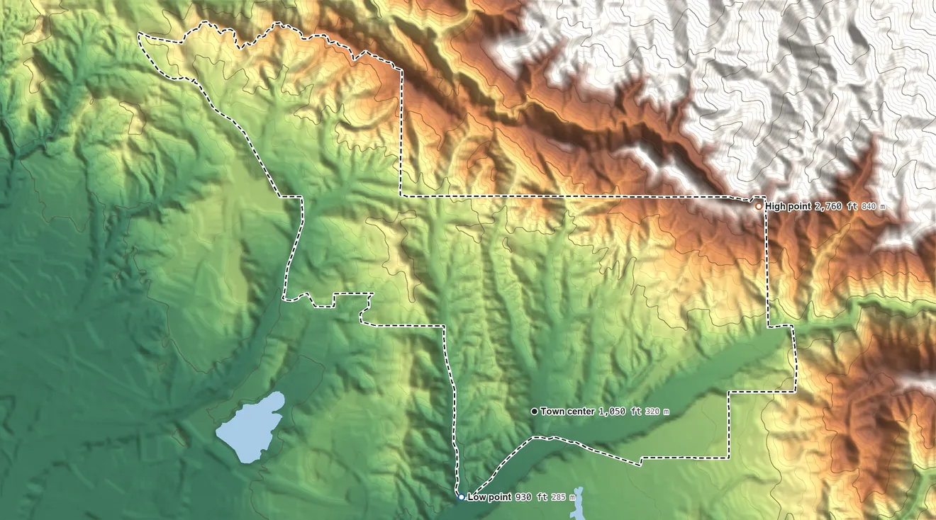 Topographic elevation map of Trabuco Canyon, California, shaded from 930 ft on the southwest side to 2,760 ft at the foot of the Santa Ana Mountains