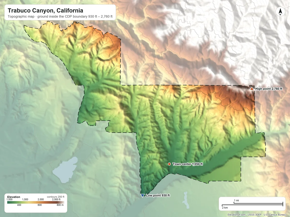Topographic elevation map of Trabuco Canyon, California, shaded from 930 ft on the southwest side to 2,760 ft at the foot of the Santa Ana Mountains