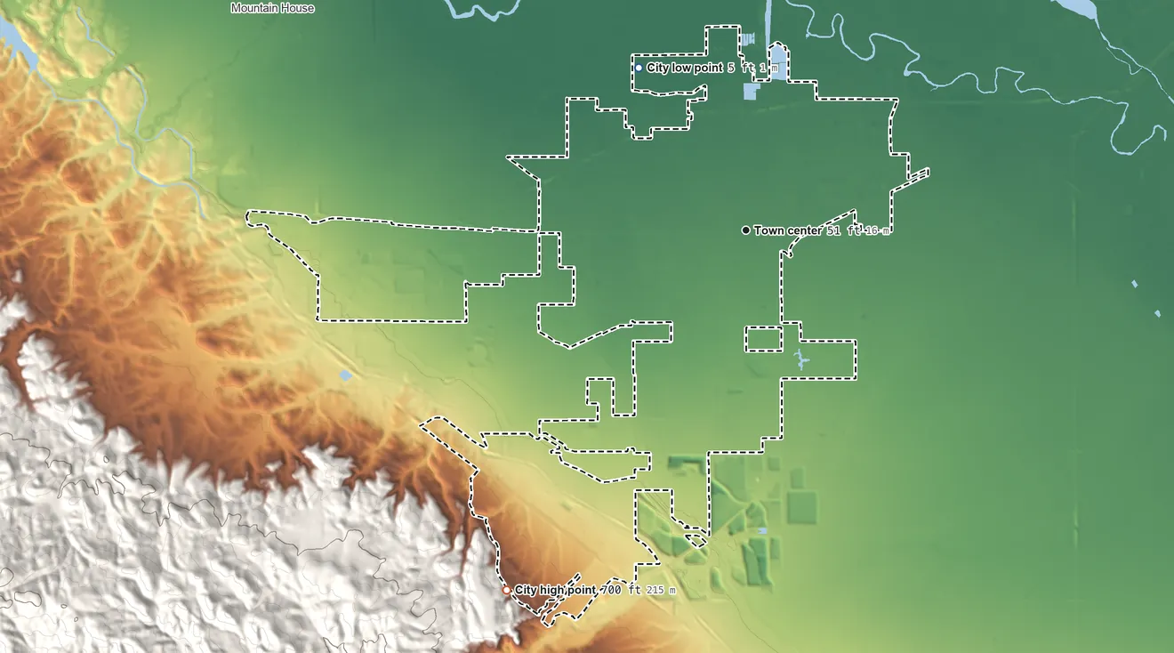 Topographic elevation map of Tracy, California, shaded from 5 ft on the northwest side to 700 ft on the southwest edge, below higher ground just outside