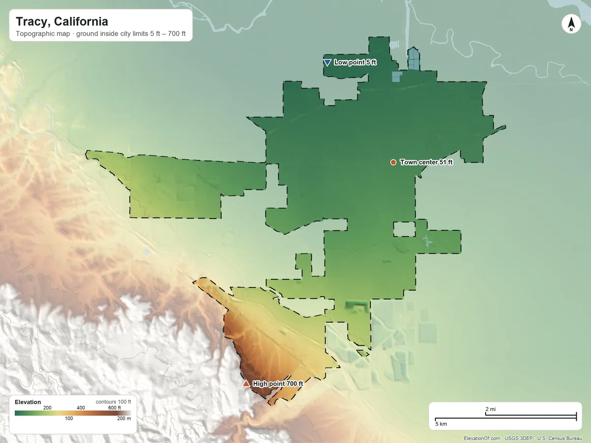 Topographic elevation map of Tracy, California, shaded from 5 ft on the northwest side to 700 ft on the southwest edge, below higher ground just outside