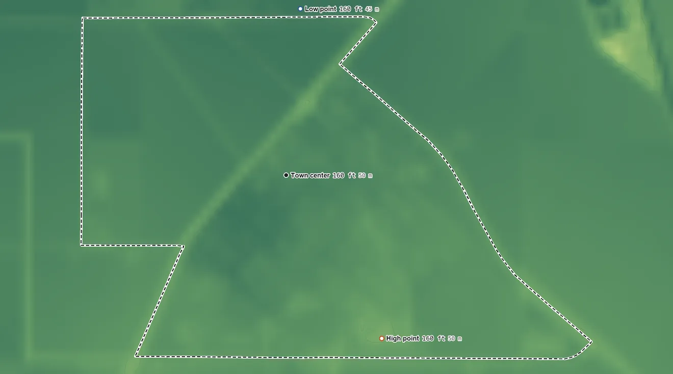 Topographic elevation map of Tranquillity, California, shaded from 160 ft on the north side to 160 ft on the southeast side