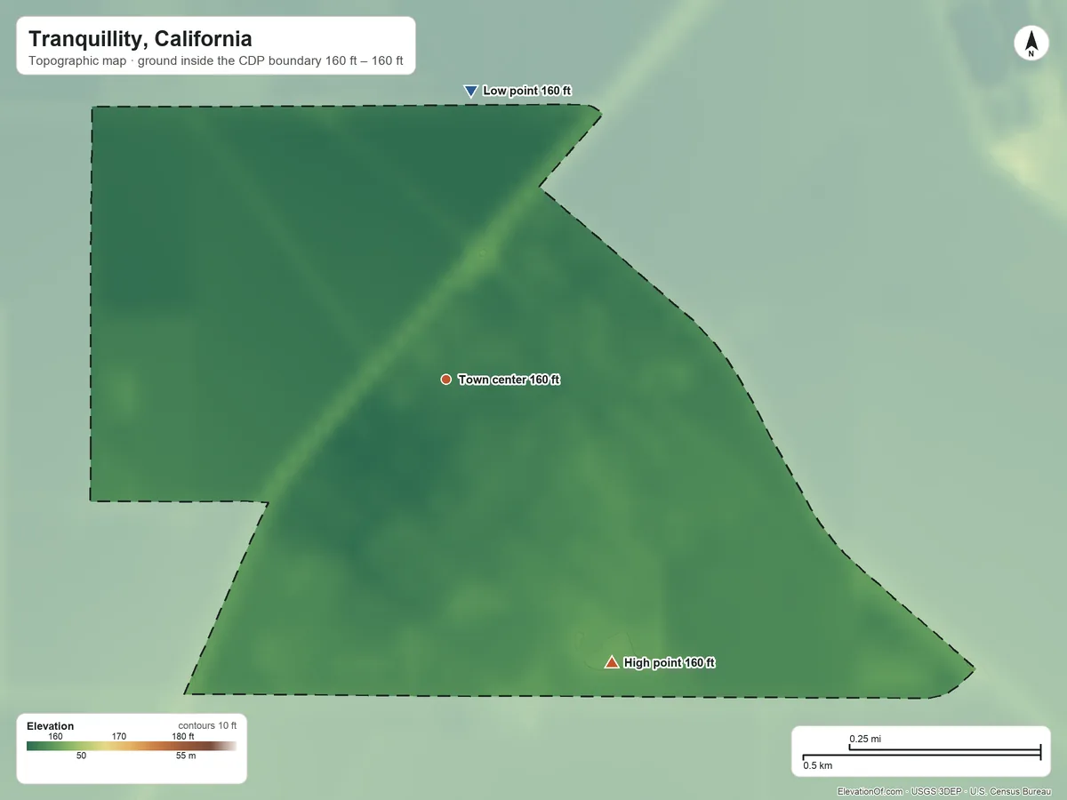 Topographic elevation map of Tranquillity, California, shaded from 160 ft on the north side to 160 ft on the southeast side