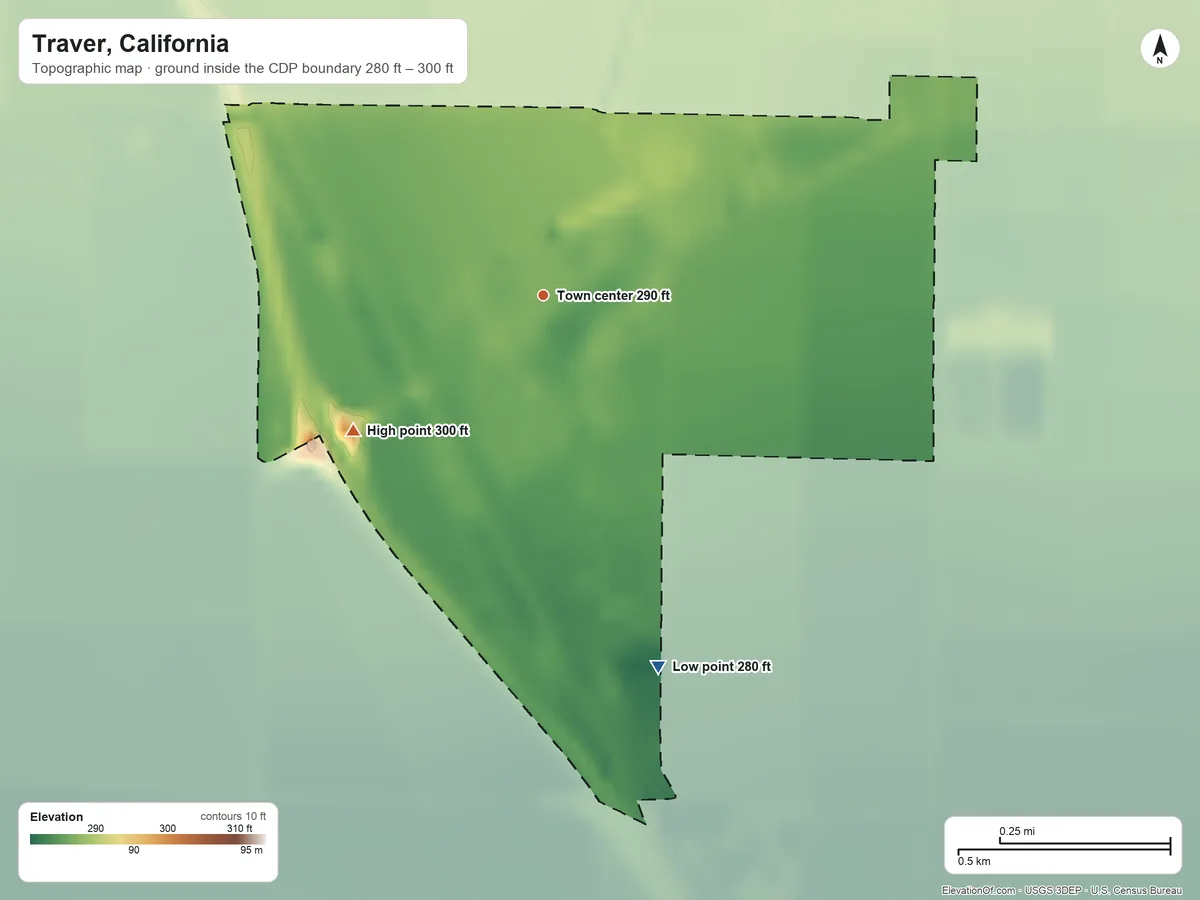 Topographic elevation map of Traver, California, shaded from 280 ft on the south side to 300 ft on the southwest side