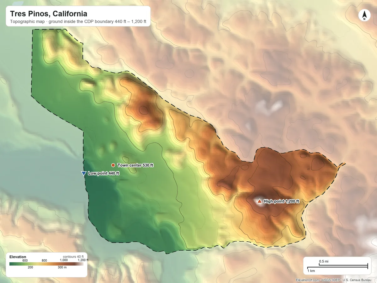Topographic elevation map of Tres Pinos, California, shaded from 440 ft near the middle to 1,200 ft on the east side