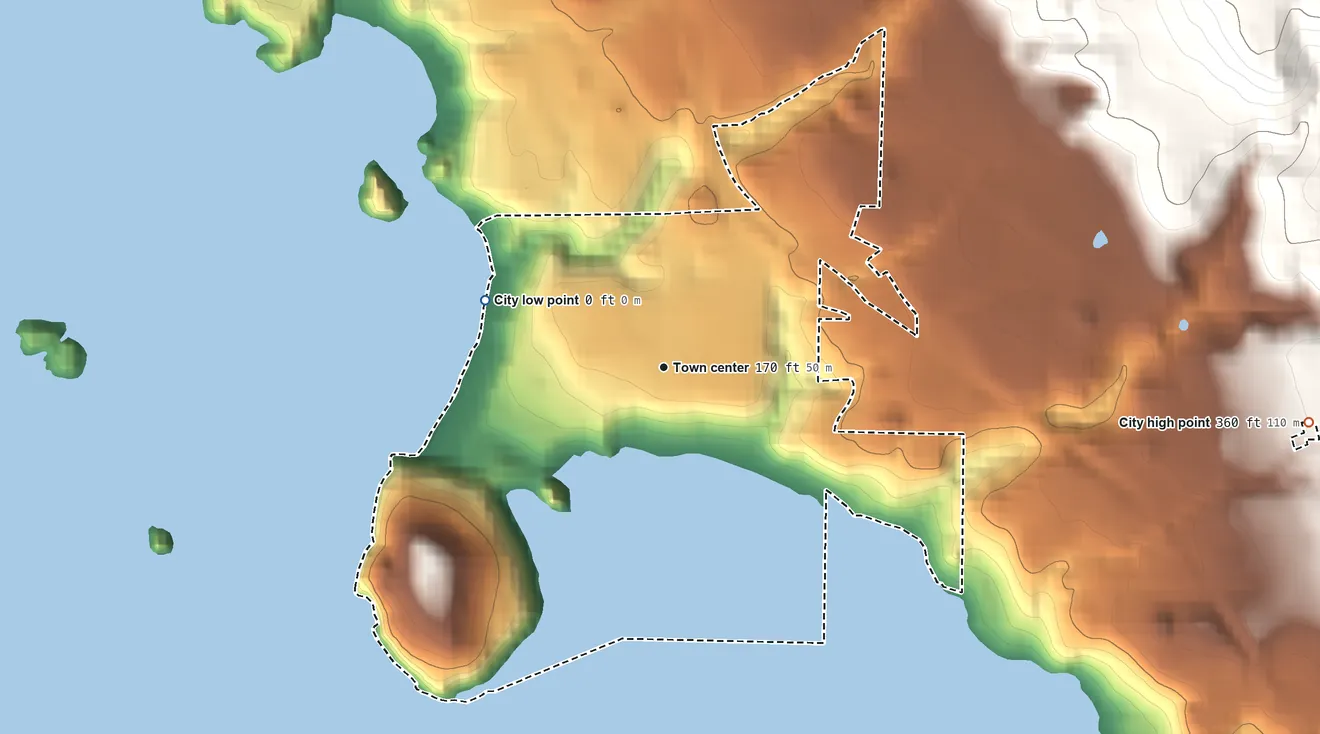 Topographic elevation map of Trinidad, California, shaded from sea level level on the Pacific Ocean to 360 ft at the foot of the Bald Hills