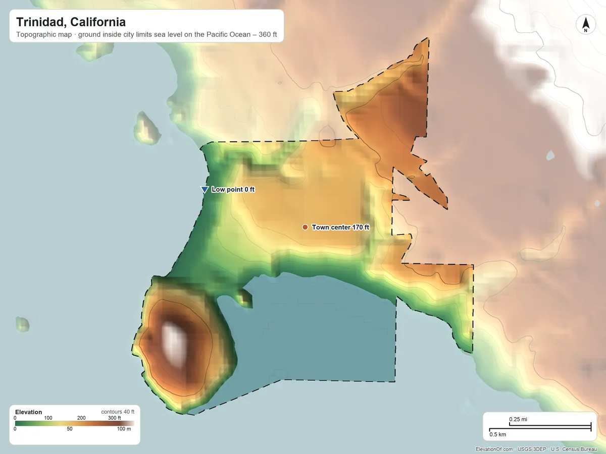 Topographic elevation map of Trinidad, California, shaded from sea level level on the Pacific Ocean to 360 ft at the foot of the Bald Hills