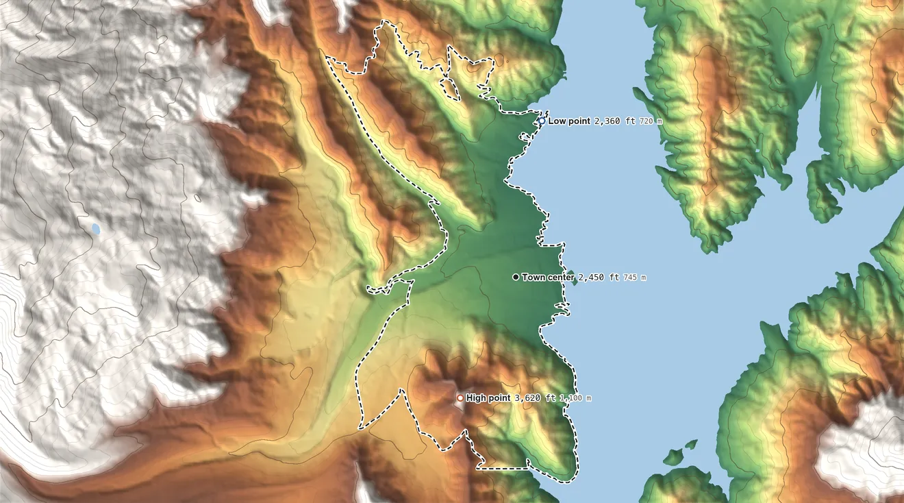 Topographic elevation map of Trinity Center, California, shaded from 2,360 ft on the north side to 3,620 ft on the southwest edge, below higher ground just outside