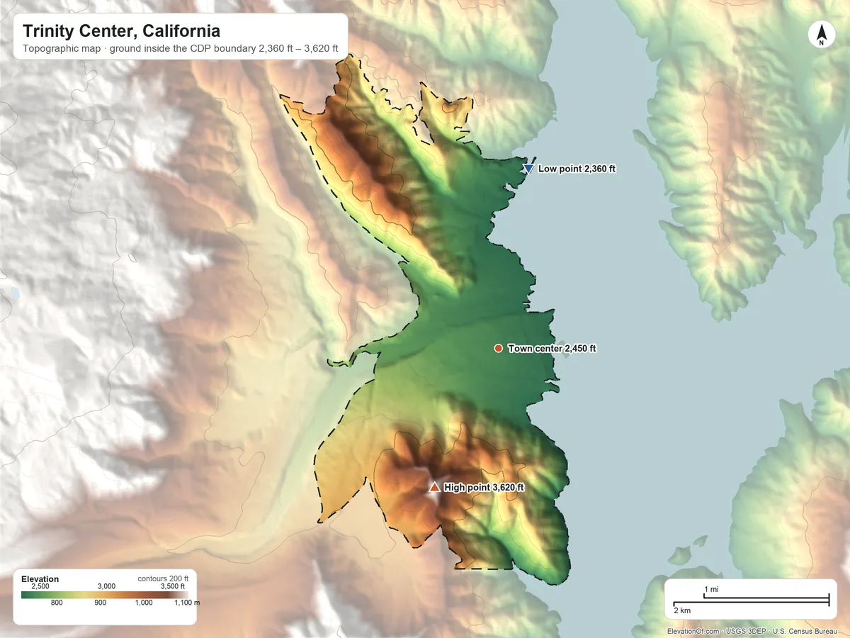Topographic elevation map of Trinity Center, California, shaded from 2,360 ft on the north side to 3,620 ft on the southwest edge, below higher ground just outside