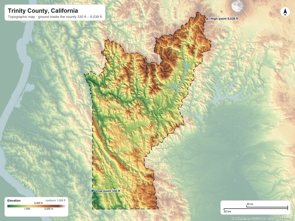 Topographic elevation map of Trinity County, California, shaded from 330 ft on the southwest side to 9,038 ft on Mount Eddy