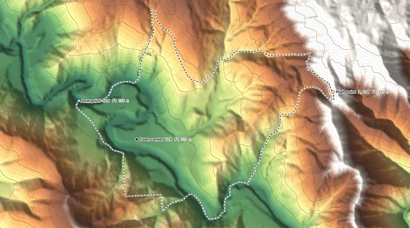 Topographic elevation map of Trinity Village, California, shaded from 520 ft on the northwest side to 3,230 ft on the east edge, below higher ground just outside