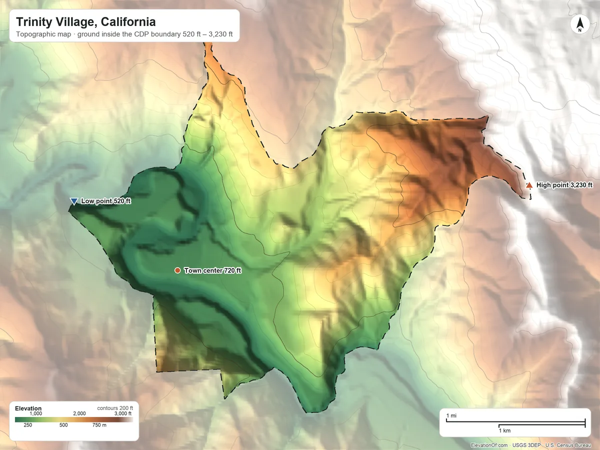 Topographic elevation map of Trinity Village, California, shaded from 520 ft on the northwest side to 3,230 ft on the east edge, below higher ground just outside
