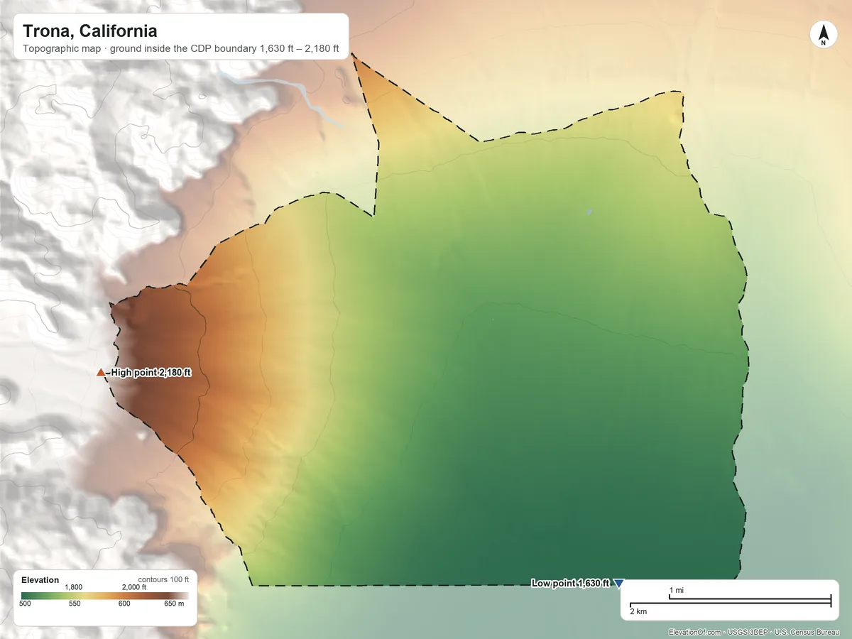 Topographic elevation map of Trona, California, shaded from 1,630 ft on the southeast side to 2,180 ft at the foot of the Argus Range