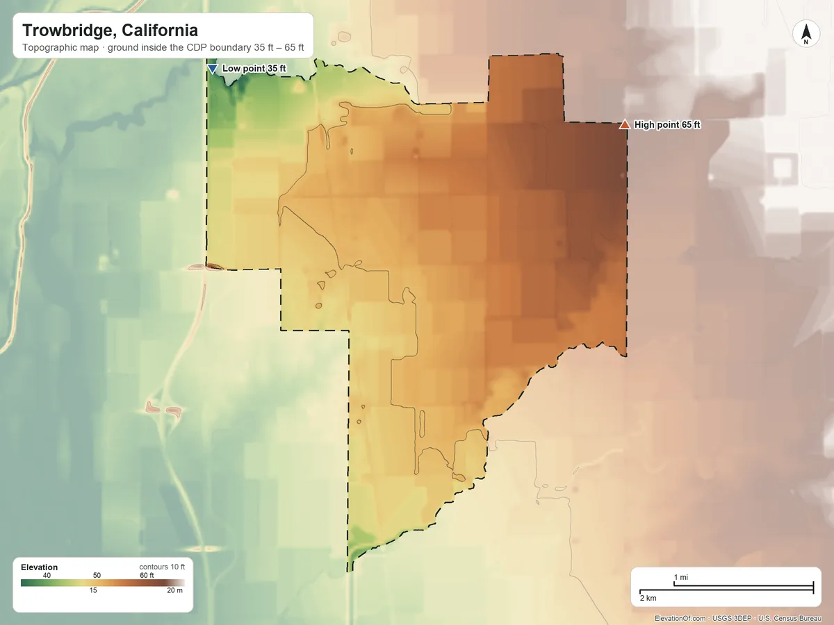 Topographic elevation map of Trowbridge, California, shaded from 35 ft on the northwest side to 65 ft on the northeast side
