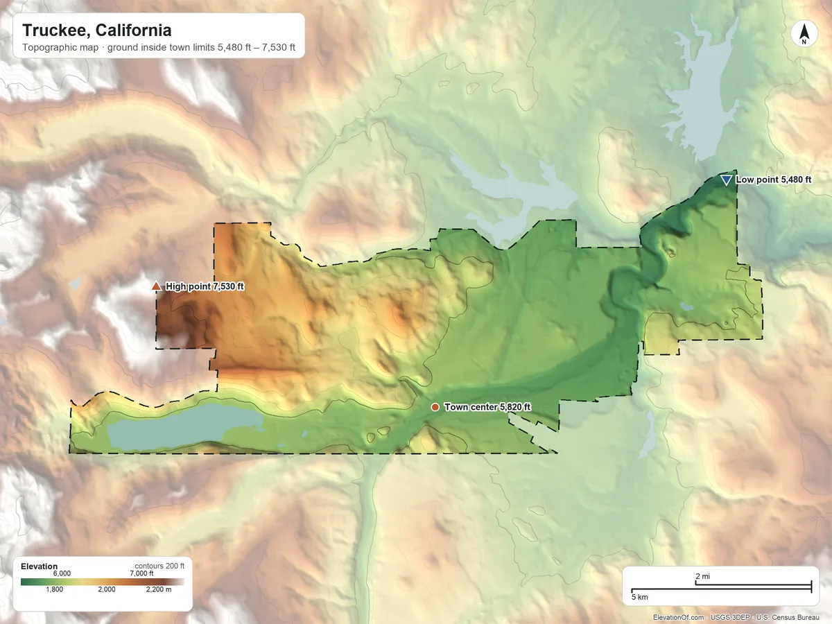 Topographic elevation map of Truckee, California, shaded from 5,480 ft on the northeast side to 7,530 ft on the northwest side