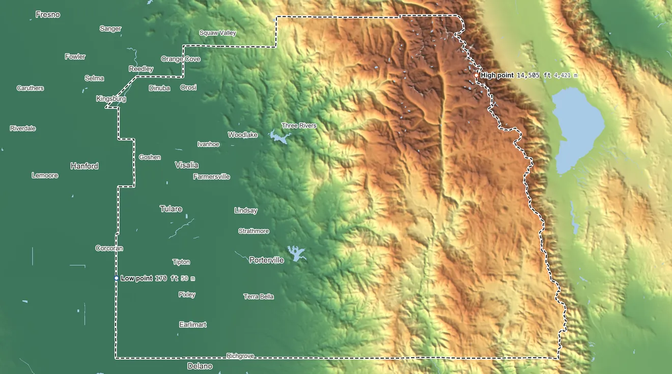 Topographic elevation map of Tulare County, California, shaded from 170 ft on the west side to 14,505 ft on Mount Whitney