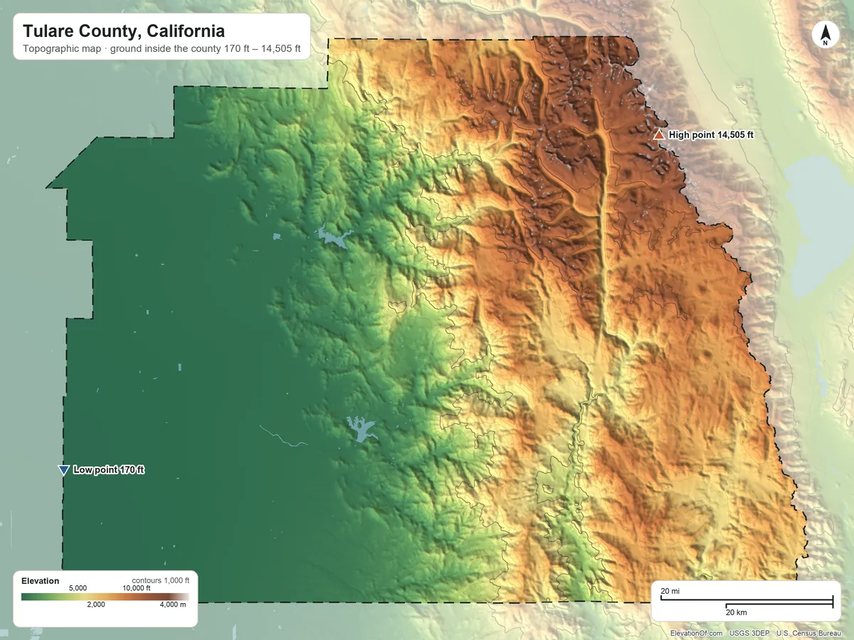 Topographic elevation map of Tulare County, California, shaded from 170 ft on the west side to 14,505 ft on Mount Whitney