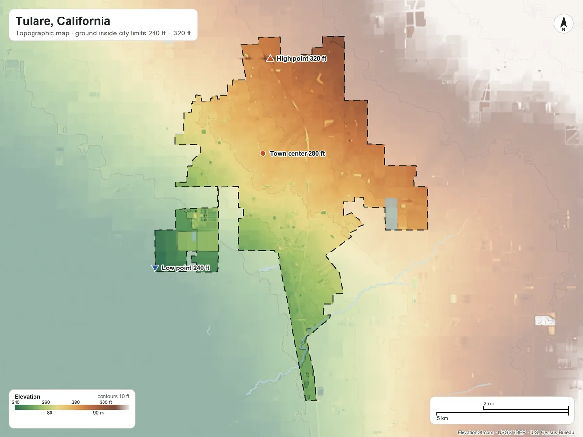 Topographic elevation map of Tulare, California, shaded from 240 ft on the southwest side to 320 ft on the north side