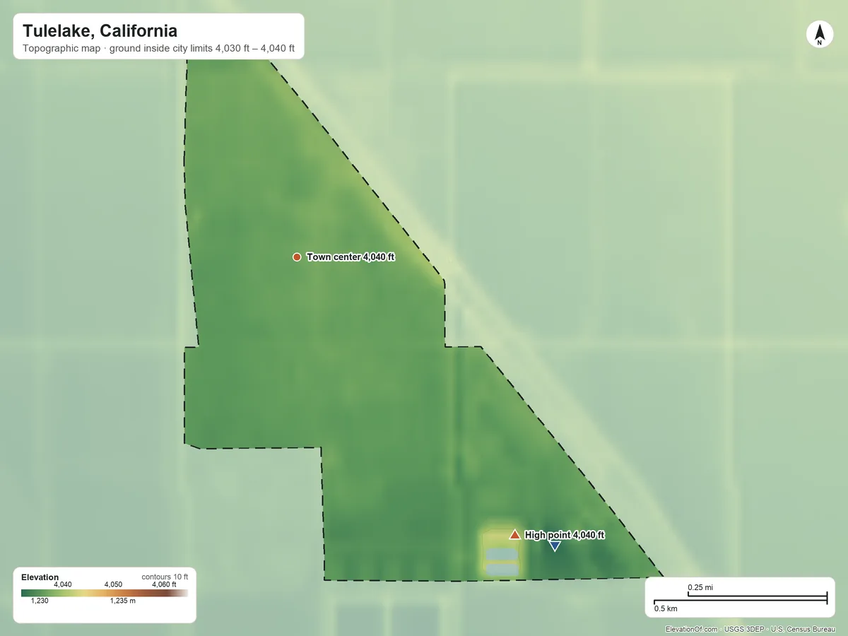 Topographic elevation map of Tulelake, California, shaded from 4,030 ft on the southeast side to 4,040 ft on the southeast side