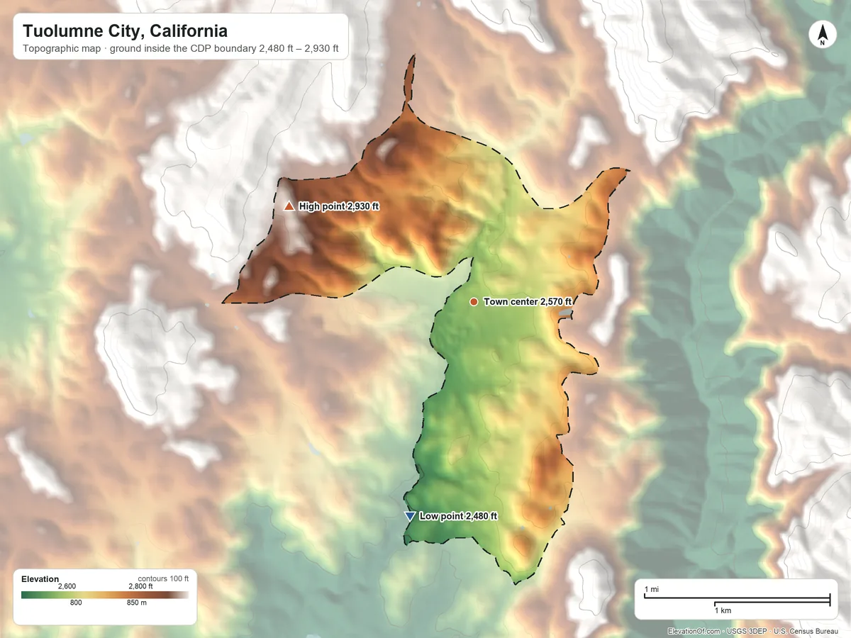 Topographic elevation map of Tuolumne City, California, shaded from 2,480 ft on the south side to 2,930 ft at the foot of the Red Hills