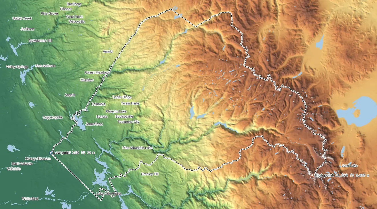 Topographic elevation map of Tuolumne County, California, shaded from 240 ft on the west side to 13,070 ft on Mount Lyell