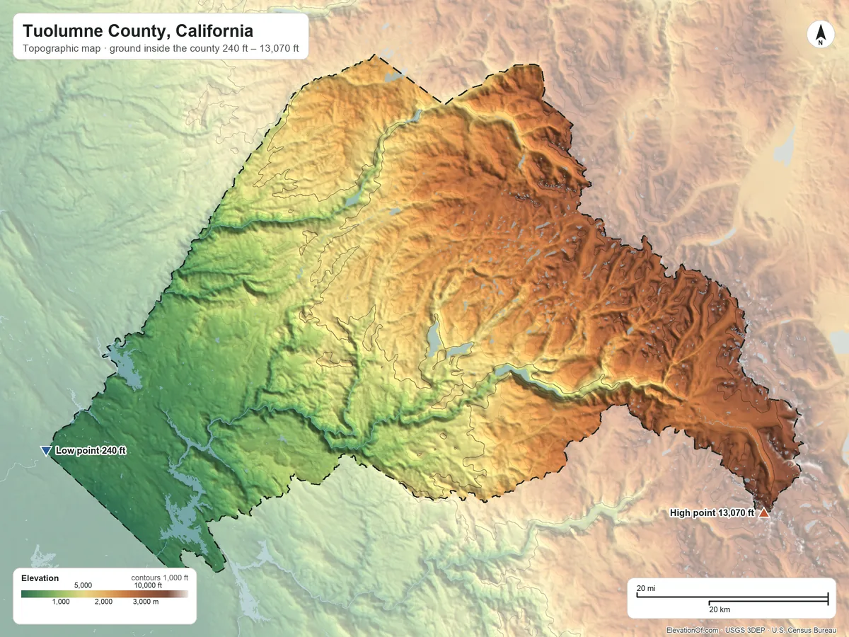 Topographic elevation map of Tuolumne County, California, shaded from 240 ft on the west side to 13,070 ft on Mount Lyell