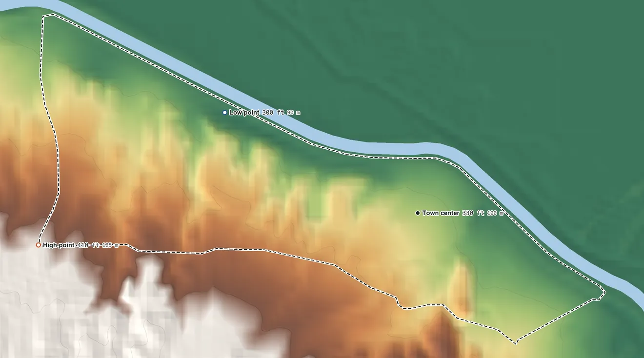 Topographic elevation map of Tupman, California, shaded from 300 ft on the northwest side to 410 ft at the foot of the Elk Hills