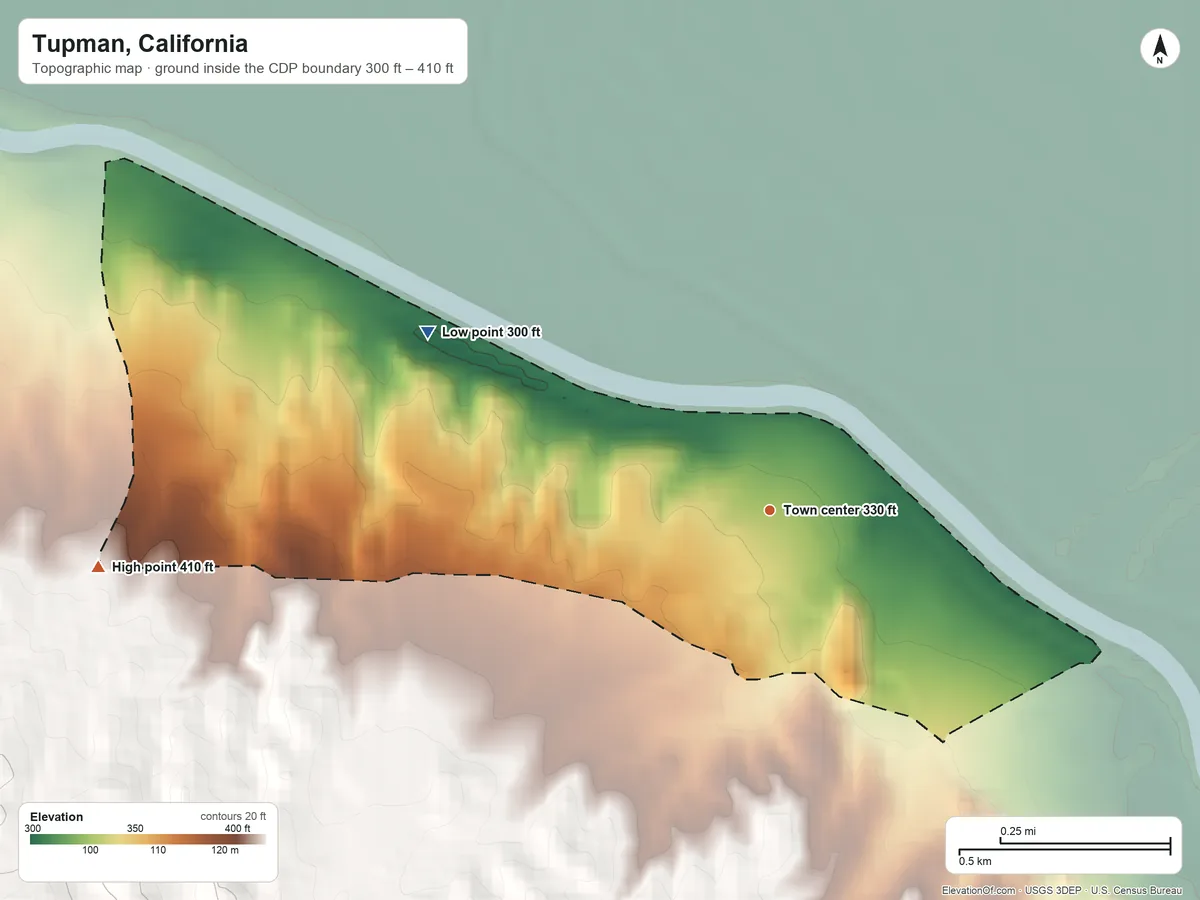 Topographic elevation map of Tupman, California, shaded from 300 ft on the northwest side to 410 ft at the foot of the Elk Hills