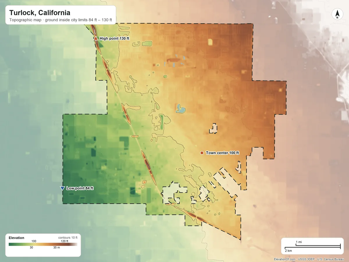 Topographic elevation map of Turlock, California, shaded from 84 ft on the west side to 130 ft on the northwest side
